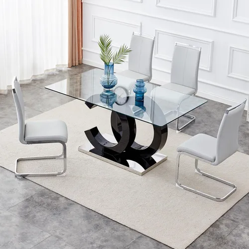 Vista 18 de Juego de mesa de comedor de 63 pulgadas para 4, moderno juego de mesa de comedor de vidrio templado para 4, para el hogar, cocina, sala de estar