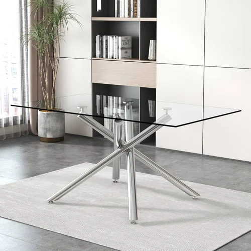 Vista 3 de Mesa de comedor rectangular de cristal minimalista grande y moderna para 4 y 8 personas con mesa de vidrio templado de 0.39 pulgadas y patas