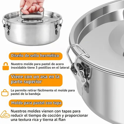 Vista 3 de Molde de flan de acero inoxidable con capacidad de 1.5 cuartos de galón con tapa y espátula, recipientes redondos para flan de 6 a 8 cuartos