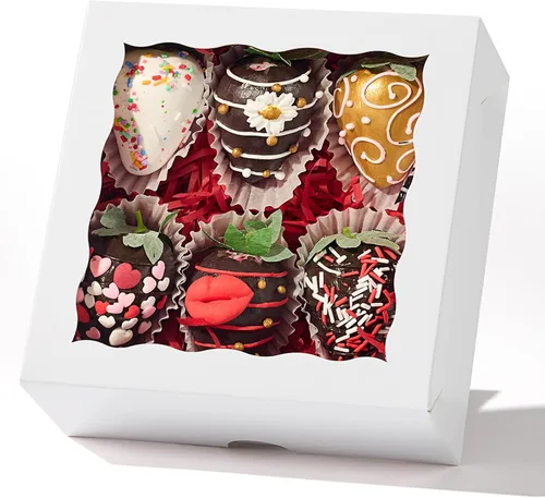 Vista 10 de 20 piezas cajas de panadería elegantes de 6 x 6 x 2.5 pulgadas con ventana, ideales para galletas, fresas cubiertas de chocolate, pasteles