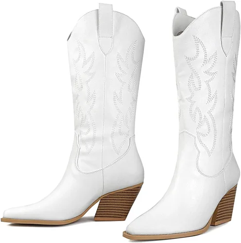 Vista 2 de Mostrin Botas vaqueras para mujer, punta puntiaguda, botas vaqueras a media pantorrilla, tacón grueso, botas occidentales