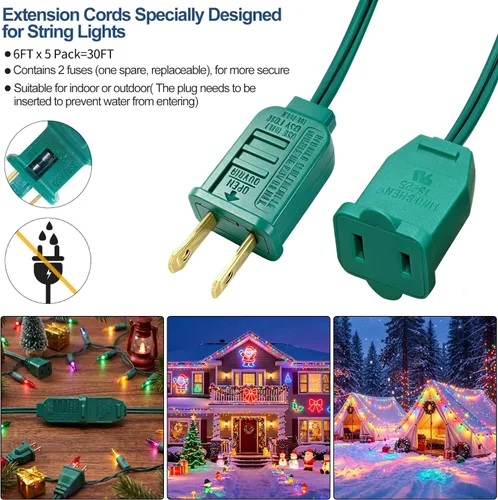 Vista 7 de [30 pies] Paquete de 5 cables de extensión de luz de Navidad de 6 pies Verde-paquete de 5