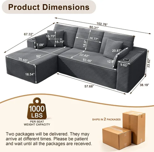 Vista 2 de Sofá de nube deshuesado de 103 pulgadas, moderno sofá modular en forma de L con diván orientado hacia la izquierda, sofá de asiento profundo