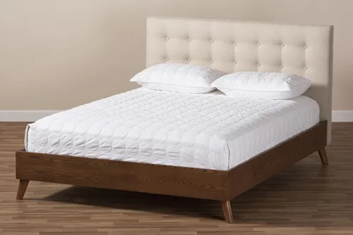 Vista 8 de Baxton Studio Alinia Mid-Century - Cama de plataforma tapizada de madera de nogal, tamaño King, color beige claro