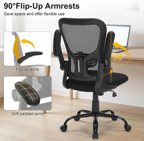 Vista 6 de Silla de oficina ergonómica de malla, soporte lumbar ajustable, brazos abatibles, silla giratoria para computadora con respaldo transpirable
