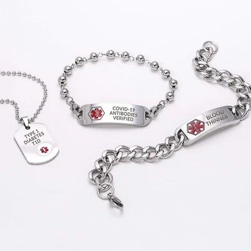 Vista 7 de Bling Jewelry Collar con colgante de acero para identificación médica personalizable para hombres y mujeres, cadena de 20 pulgadas, SM MED LG