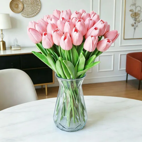 Vista 20 de Tulipanes artificiales de 12 piezas, de tacto real, tulipanes falsos de poliuretano, arreglo floral en ramo para decoración de fiesta en el hogar