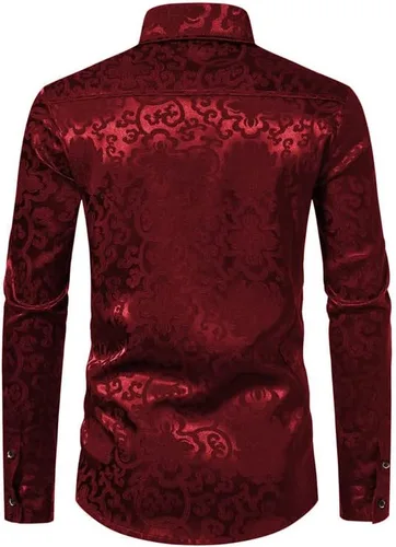 Vista 3 de Camisa de seda satinada para hombre, camisa de vestir de cachemira, ajustada, camisa de jacquard floral para fiesta, graduación, boda, camisas