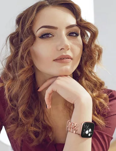Vista 5 de Minyee Correa con dije grabado floral compatible con Fitbit Versa 2/Fitbit Versa/Versa Lite bandas para mujer, anillo decorativo brillante