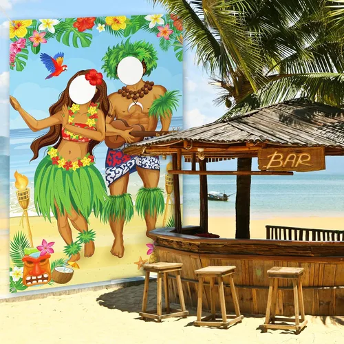 Vista 5 de Frienda Luau - Cartel de fotos para puerta de pareja, decoración de fiesta hawaiana de Tiki Luau, accesorios de fotos de Aloha Tiki para reunirse