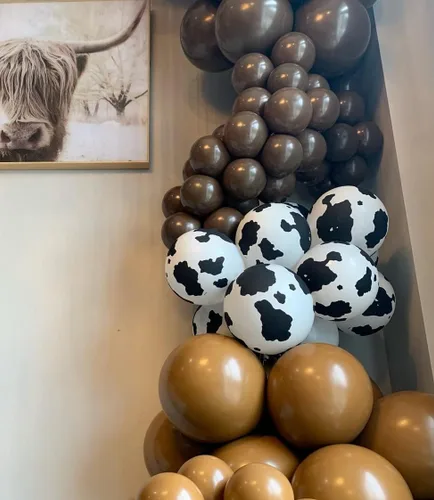 Vista 5 de Kit de arco de globos de vaquero – 150 piezas de cacao de albaricoque marrón desnudo con globos de impresión de vaca para decoración de fiesta