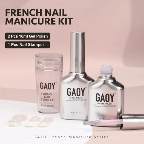 Vista 6 de GAOY Kit de Manicura Francesa, Estampador de Uñas y 2 Esmaltes de Uñas en Gel, Incluye Colores Nude Jelly Rosa Lechoso y Blanco para Punta Francesa