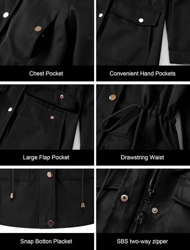 Vista 6 de CREATMO US Gabardina larga cortavientos para mujer, talla grande, resistente al agua, con capucha reflectante extraíble