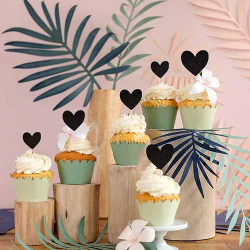 Vista 3 de 30 piezas de decoración para cupcakes con diseño de corazón con purpurina para cupcakes, despedida de soltera, boda, compromiso, decoración de Negro
