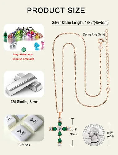 Vista 175 de YL Collar de cruz de plata de ley 925 con colgante de piedra natal religiosa para mujer