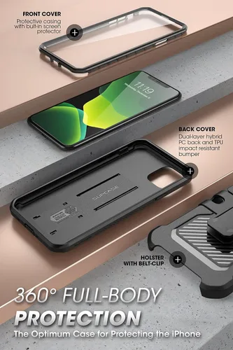 Vista 4 de SUPCASE Funda para iPhone 11 Pro Max con protector de pantalla (Unicorn Beetle Pro), [soporte integrado y clip para cinturón] Funda protectora Negro