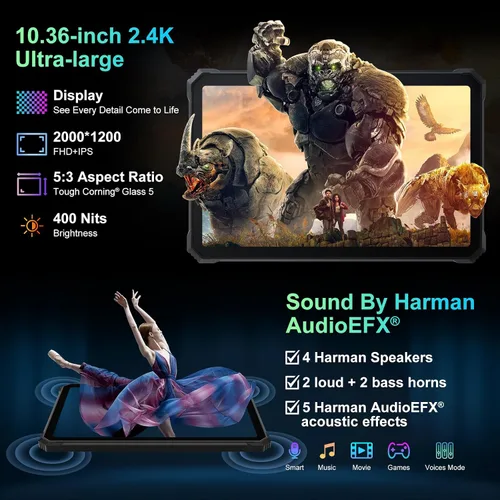 Vista 7 de Blackview Tablet resistente de 2.4k 10.36 pulgadas, Android 15 22000mAh Octa-core Tablet, 24GB (8+16) RAM+256GB ROM+1TB Expand, 48MP+16MP Cámara