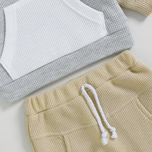 Vista 7 de Ropa para bebé niño pequeño, sudadera con capucha y bloques de color, 2 piezas, sudadera para otoño e invierno