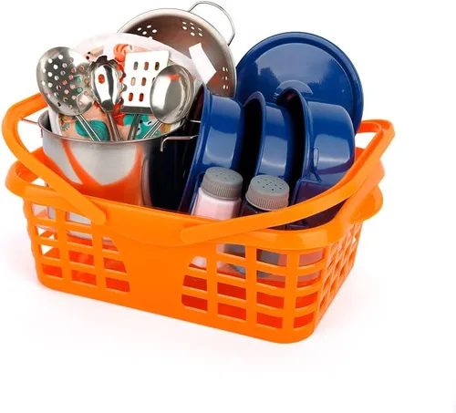 Vista 8 de Juego de accesorios de juguete de cocina para niños pequeños, juego de cocina para niñas y niños, incluye ollas y sartenes coloridas (azul)