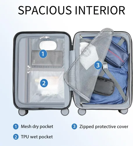 Vista 3 de KROSER Equipaje de mano con ruedas giratorias y cerradura TSA integrada, maleta duradera con ruedas, Negro