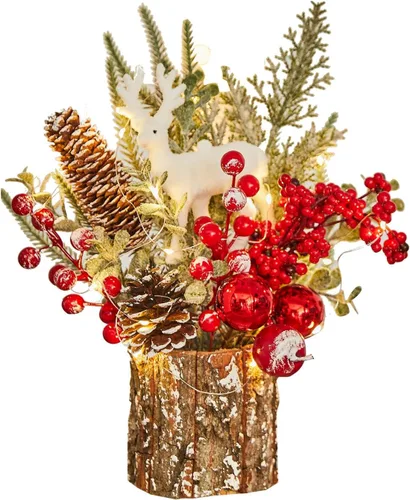 Vista 12 de Decoración de Árbol de Navidad Pequeño de Arpillera con Luces - Mini Árbol Artificial de Mesa Central para Decoraciones Navideñas de Interior Casa