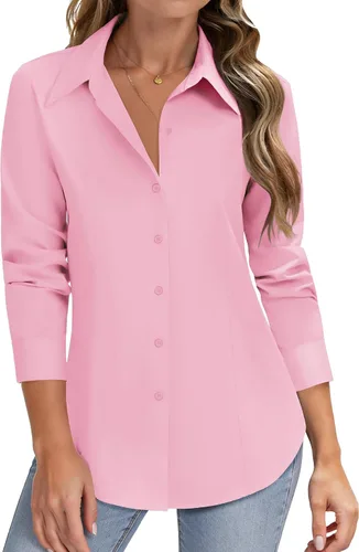 Vista 11 de HOTOUCH Camisas de manga larga con botones para mujer, camisas de vestir con protección contra manchas, ajuste delgado, blusas de trabajo, oficina