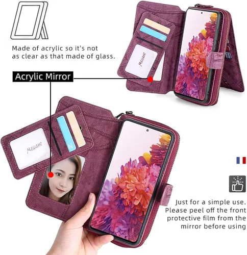 Vista 4 de Asuwish Funda de teléfono para Samsung Galaxy S20 FE 5G 6.5 pulgadas con cremallera con protector de pantalla y tarjetero de espejo abatible Cell S