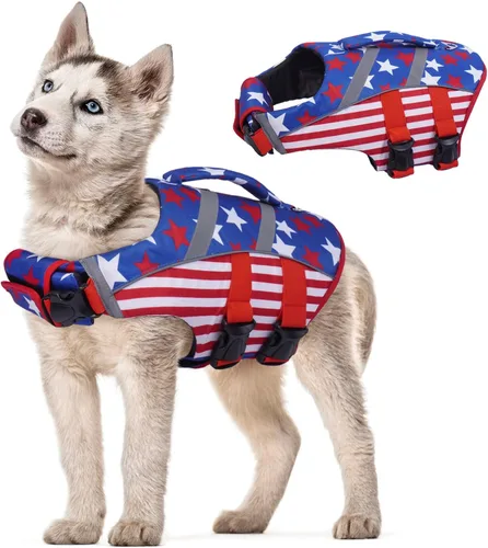 Vista 14 de Kuoser Chaleco salvavidas reflectante para perro, chaleco salvavidas para nadar y navegar Chalecos salvavidas ajustables para mascotas, traje