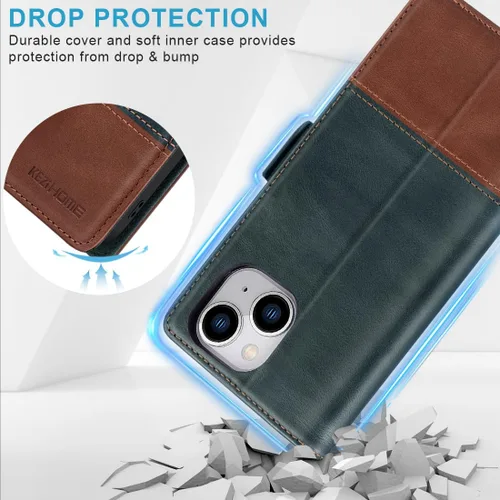 Vista 7 de KEZiHOME Funda para iPhone 15, de piel auténtica, bloqueo RFID, carcasa interior de TPU, cierre magnético, ranura para tarjetas, a prueba de golpes