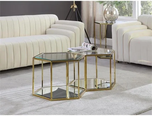 Vista 2 de Meridian Furniture Sei Collection Modern Mesa de centro modular de acero inoxidable con base de espejo, 2 piezas, color dorado cepillado