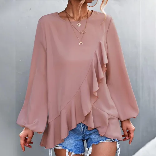 Vista 4 de Women Lantern Long Sleeve Tops 2022 Trendy Irregular Ruffle Trim Shirt Casual Round Neck Solid Blouse Flowy Loose Tunic Tops