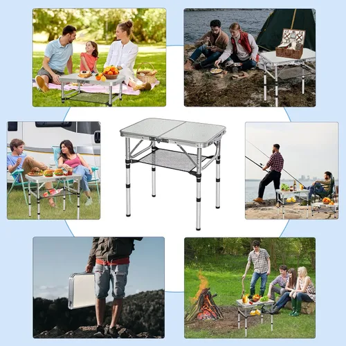 Vista 9 de Mesa plegable pequeña con red de almacenamiento, mesa de campamento plegable portátil de 24 x 16 pulgadas con 3 alturas ajustables, mesa de metal