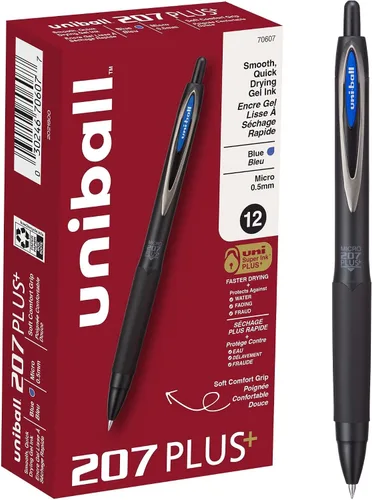 Vista 7 de Uni-Ball 207 Plus+ Bolígrafos de gel retráctiles, micro punta (0.5mm), azul, paquete de 12 unidades Retráctil, de secado rápido, escritura suave