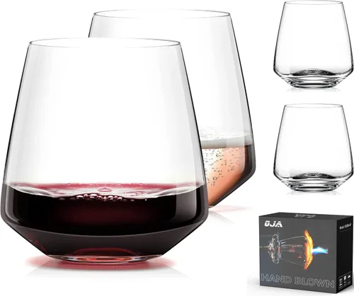 Vista 8 de OJA Juego de 12 copas de vino sin tallo, 15 onzas, copas de vino tinto y blanco de cristal, sin tallo, transparentes, vaso resistente para beber