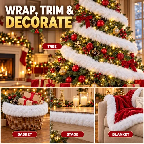 Vista 5 de Cinta de Ribete de Piel Sintética de Navidad, Guirnalda Enrollable de Árbol de Navidad de Invierno, Accesorio de Rayas Peludas Artificiales, Rollo