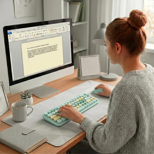 Vista 3 de Combo compacto de teclado y mouse inalámbricos, teclas redondas coloridas, 68 teclas sin sonido, adecuado para niñas y niños, compatible