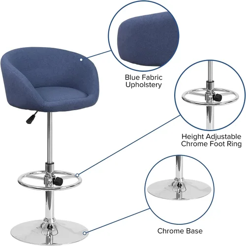 Vista 4 de Flash Furniture Luis - Taburete de bar de tela azul contemporáneo, altura ajustable, con respaldo de barril y base cromada