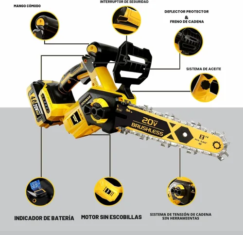 Vista 9 de Motosierra inalámbrica de 8 pulgadas para batería Dewalt de 20 V MAX, motosierra eléctrica de poda sin escobillas con batería de 4.0 Ah, motosierra