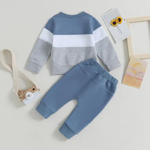 Vista 6 de Fumilery Conjunto de 2 piezas de sudadera de manga larga con bloques de color y pantalones con cordón para bebé