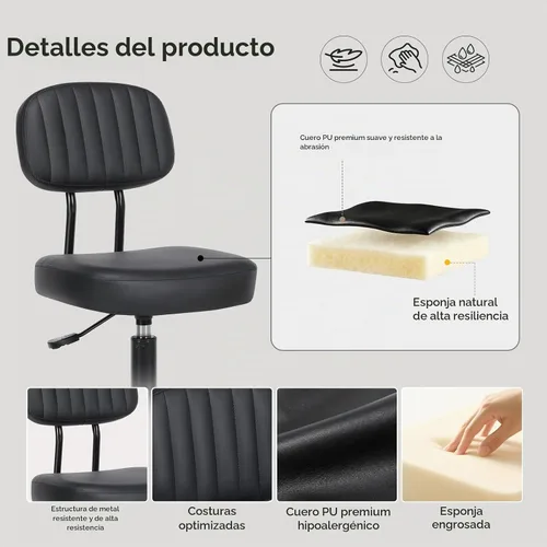 Vista 8 de Silla de oficina pequeña, silla de escritorio alta sin brazos, taburete con Negro