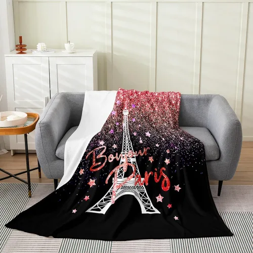 Vista 13 de Feelyou Manta de felpa de la Torre Eiffel con purpurina, color azul, morado, pastel, para todas las estaciones, manta de cama para niños, manta