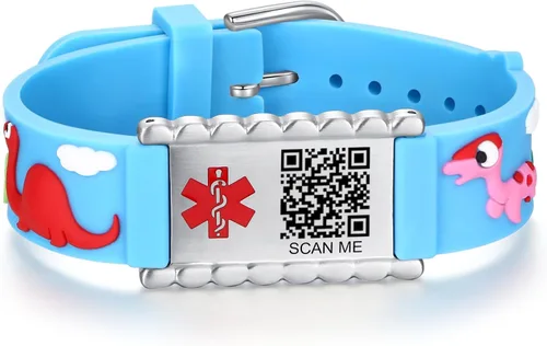 Vista 31 de LinnaLove Medical Alert ID Bracelet – Custom or Pre-Engraved, QR Code Available,Blue Dinosaur Band