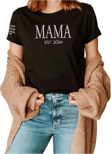 Vista 3 de LOVELYPOD Sudadera bordada personalizada con nombre de niños en la manga, camisa del día de la madre, regalo para la nueva mamá en Navidad