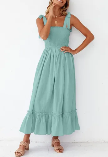 Vista 3 de ZESICA vestido bohemio y liso de verano para mujer, acampanado, con tirantes delgados, cuello cuadrado y volantes, vestido largo para la playa