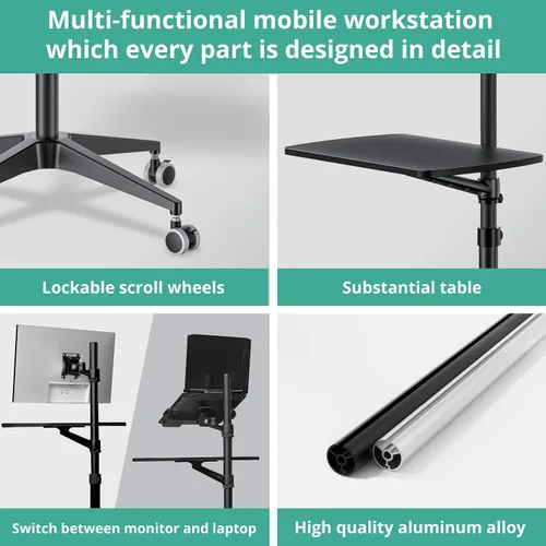 Vista 6 de Viozon Escritorio móvil, estación de trabajo móvil, soporte de suelo para portátil multiuso, altura ajustable de 34 a 48.6 pulgadas, compatible