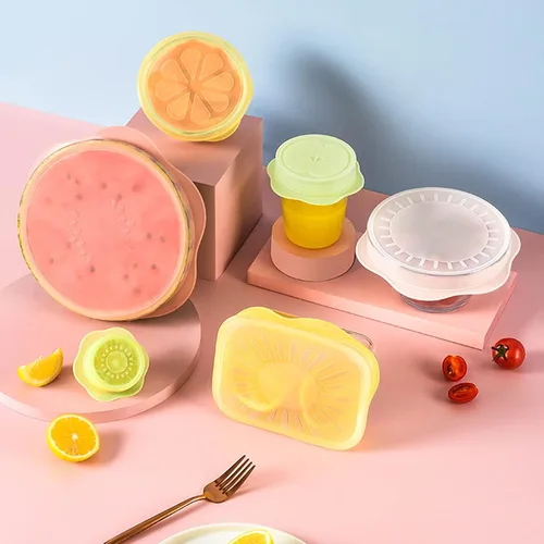 Vista 7 de Juego de tapas elásticas de silicona para almacenamiento de alimentos, diseño de frutas, fundas de silicona reutilizables de grado alimenticio