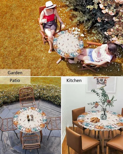 Vista 5 de Mantel ajustado para mesa redonda, mantel de otoño con hojas de otoño y calabaza de Acción de Gracias con borde elástico, mantel impermeable de Beige