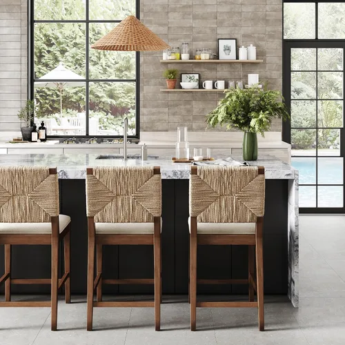 Vista 12 de Nathan James Beacon Taburete de bar bohemio con respaldo, de altura de bar, silla para isla de cocina, taburete de bar de seagrass, bouclé