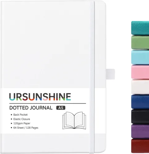 Vista 60 de Cuaderno punteado, diario, 5.3 x 8.26 pulgadas, tapa dura, prémium, papel grueso, doble espiral, bandas, cuero negro sintético, lazo para bolígrafo
