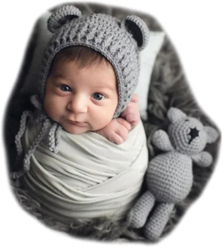 Vista 6 de Accesorios de fotografía para recién nacidos, sombrero de oso, sesiones de fotos de bebé, trajes de fotos para posar fotos de ganchillo, oso muñeca